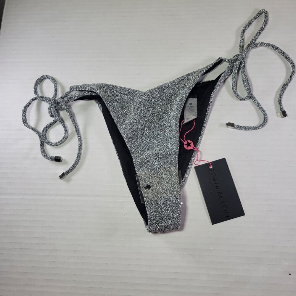 South Beach Women Silver Metallic Glitter Tie-Side Bikini Bottoms Size 6